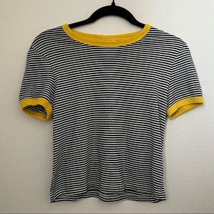 Black & White Striped Cropped Tee w/Yellow Collar and Sleeves